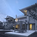 Chinese Style Detached Villa With Courtyard Pool Lush Greenery And Illuminated Terrace With White Curtains
