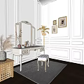 Elegant White Dressing Table With Mirror Stool Area Rug And Decorative Wall Art 3d model