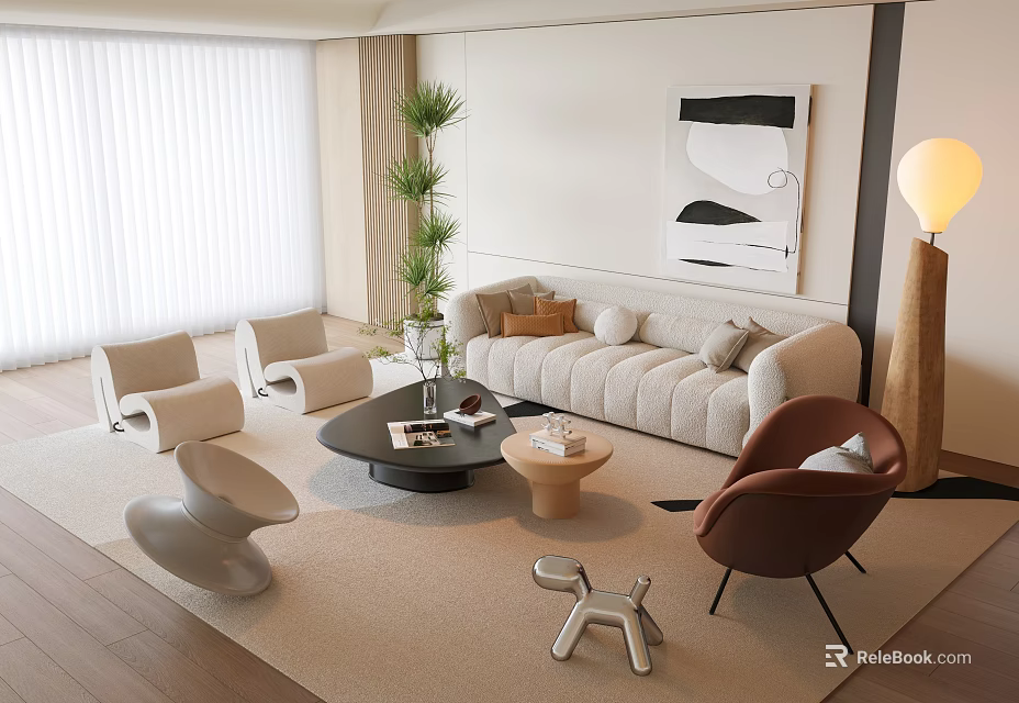 Modern Minimalist Sofa and Coffee Table Set with Armchairs Floor Lamp and Wall Art 3d model 