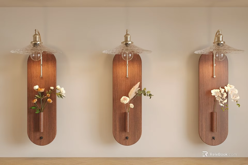 Three Wooden Wall Lamps with Decorative Flowers Mounted on Wall Modern Home Decor 3d model 