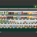 Green And White Display Shelf With Multiple Layers Stocked With Beverages And Snacks