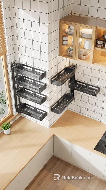 Kitchen Wall Mounted Black Shelf Storage Decor Set On White Tile Wall With Wooden Floor 3d model 