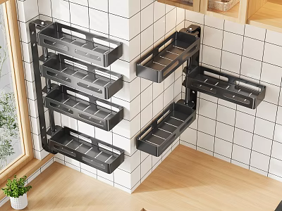 Kitchen Wall Mounted Black Shelf Storage Decor Set On White Tile Wall With Wooden Floor 3d model
