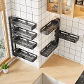 Kitchen Wall Mounted Black Shelf Storage Decor Set On White Tile Wall With Wooden Floor