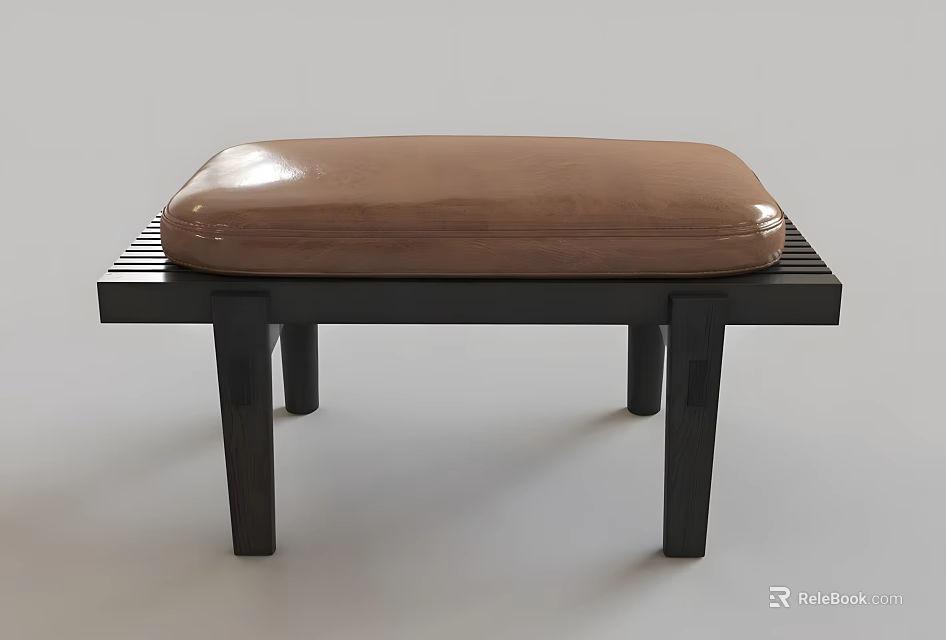 Brown Leather Padded Sofa Bench With Black Wooden Frame And Modern Design 3d model 