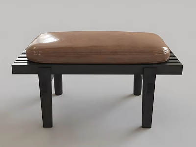 Brown Leather Padded Sofa Bench With Black Wooden Frame And Modern Design 3d model