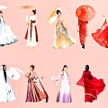 Women In Traditional Ancient Style Dresses With Colorful Umbrellas And Flowing Robes