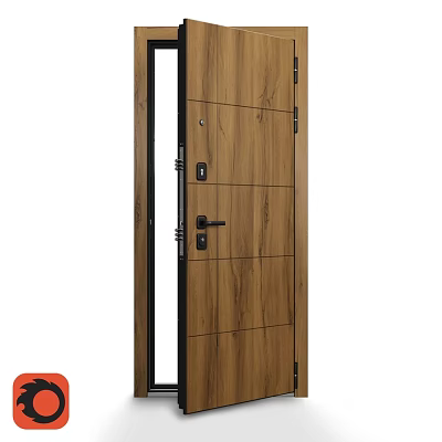 Wooden Swing Door With Glass Panel Black Frame Lock And Handle Design 3d model