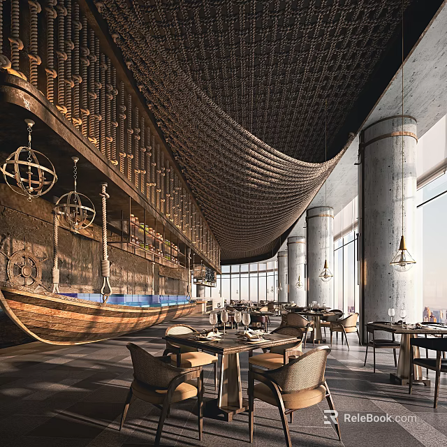 Elegant Modern Restaurant Interior With Suspended Wooden Boat Woven Ceiling And Large Windows Dining Tables 3d model 