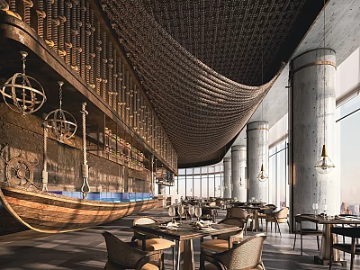 Elegant Modern Restaurant Interior With Suspended Wooden Boat Woven Ceiling And Large Windows Dining Tables 3d model