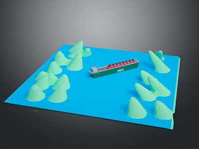 Blue Board Model Scene With Green Boat And Light Green Mountain Shapes 3d model