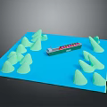 Blue Board Model Scene With Green Boat And Light Green Mountain Shapes