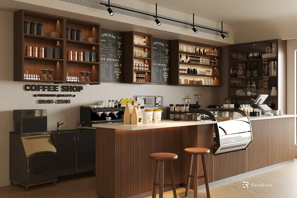 Cozy Coffee Shop Interior Design With Wooden Counter Stools Shelves Coffee Items and Pendant Lights 3d model 