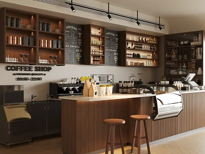 Cozy Coffee Shop Interior Design With Wooden Counter Stools Shelves Coffee Items and Pendant Lights 3d model