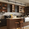 Cozy Coffee Shop Interior Design With Wooden Counter Stools Shelves Coffee Items and Pendant Lights
