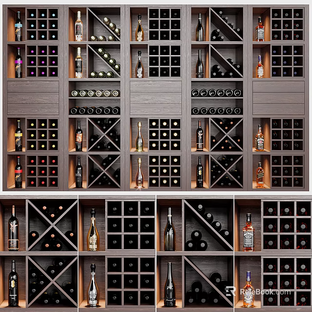 Modern Wine Cabinet Design With Multiple Shelves Wine Bottles Storage And Wooden Compartments 3d model 