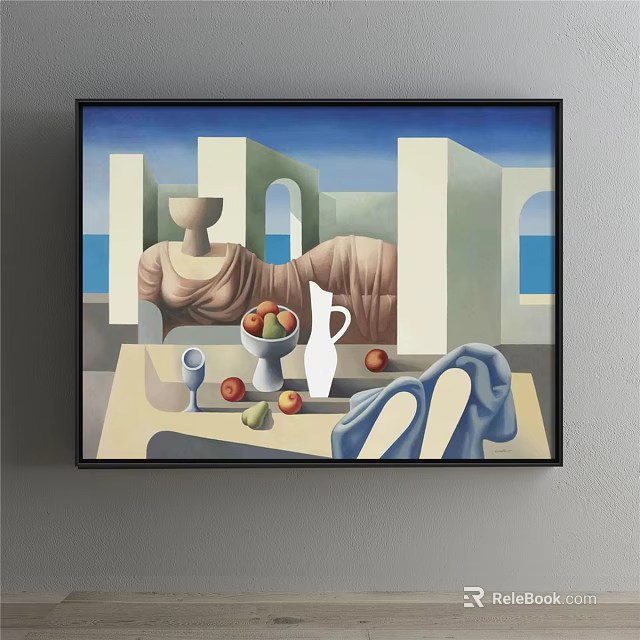 Abstract Painting Featuring Geometric Architectural Shapes Still Life Fruits Vase And Blue Backdrop 3d model 