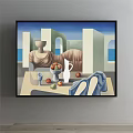 Abstract Painting Featuring Geometric Architectural Shapes Still Life Fruits Vase And Blue Backdrop