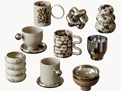 Unique Stylish Mugs With Various Ceramic Metal Designs Decorative Patterns And Coasters 3d model