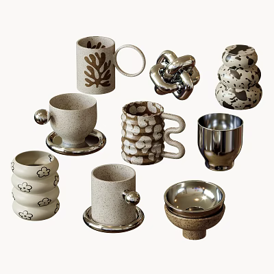Unique Stylish Mugs With Various Ceramic Metal Designs Decorative Patterns And Coasters 3d model