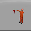 Construction Worker In Orange Uniform With Safety Helmet Directing Red Triangular Flag