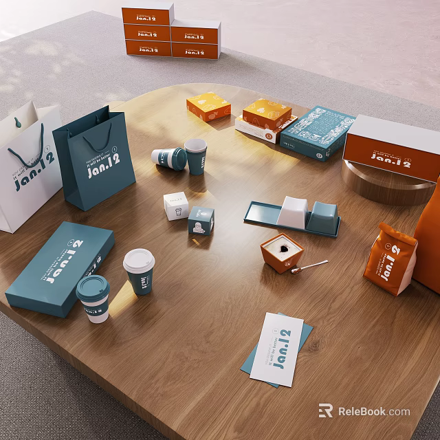 Decorative Ornament Set on Wooden Table with Jamib Brand Boxes Cups and Cards 3d model 