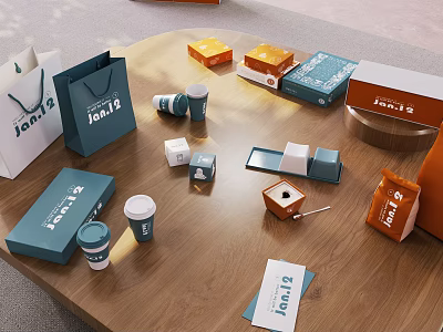 Decorative Ornament Set on Wooden Table with Jamib Brand Boxes Cups and Cards 3d model