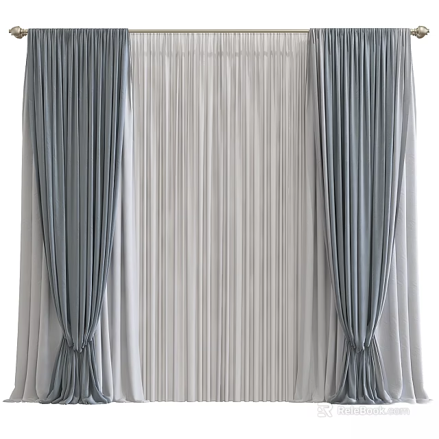 Gray And White Double Layer Pleated Window Curtains For Home Decoration 3d model