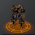 Mechanical Creature with Blue Black Body Yellow Details Standing on Orange Glowing Circular Pattern