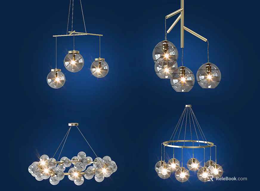 Modern Stylish Chandelier Designs With Glass Ball Shades And Metal Hanging Frames 3d model 