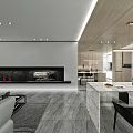 Modern Open Living Dining Room Interior With Marble Countertop And Wooden Cabinets