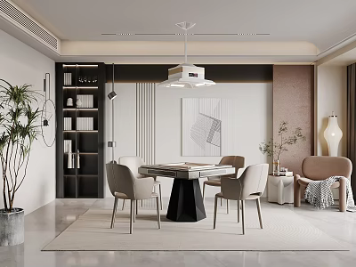 Elegant Modern Hotel Chess Room Interior With Round Table Comfortable Chairs And Decorative Plants 3d model