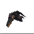 Complex Interstellar Spaceship Design With Dark Brown Gray Orange Yellow Stripes And Thrusters