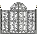 Ornate Wrought Iron Gate With Intricate Scroll Designs White Stone Pillars And Spherical Top Lamps