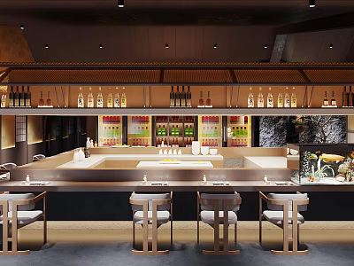 Traditional Japanese Restaurant Interior With Bar Counter Wooden Seats And Wine Bottles 3d model