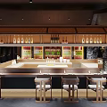 Traditional Japanese Restaurant Interior With Bar Counter Wooden Seats And Wine Bottles