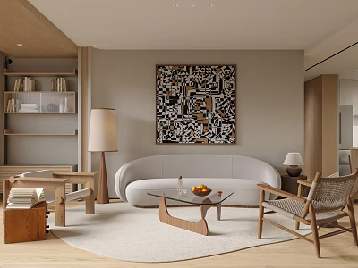 Modern Living And Dining Area With Beige Sofa Coffee Table Artwork Rug And Wooden Furniture 3d model