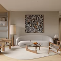 Modern Living And Dining Area With Beige Sofa Coffee Table Artwork Rug And Wooden Furniture