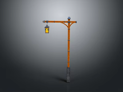 Vintage Street Lamp Design With Wooden Pole Carved Details And Hanging Lantern 3d model