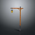 Vintage Street Lamp Design With Wooden Pole Carved Details And Hanging Lantern