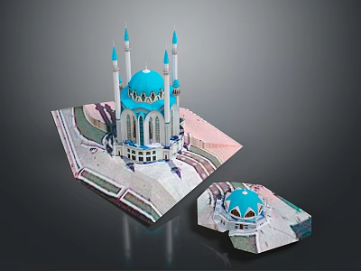 Blue Dome Mosque Architectural Model With White Minarets And Decorative Details 3d model