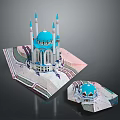 Blue Dome Mosque Architectural Model With White Minarets And Decorative Details