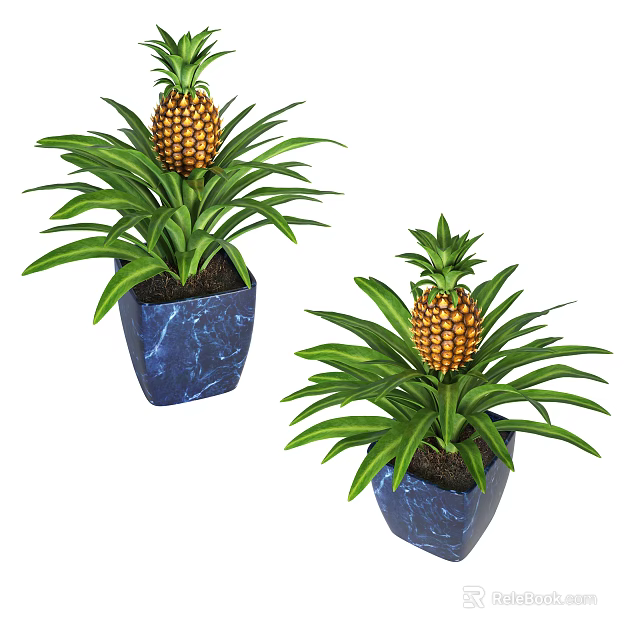 Decorative Pineapple Bonsai Plants in Blue Square Pots with Green Leaves 3d model 