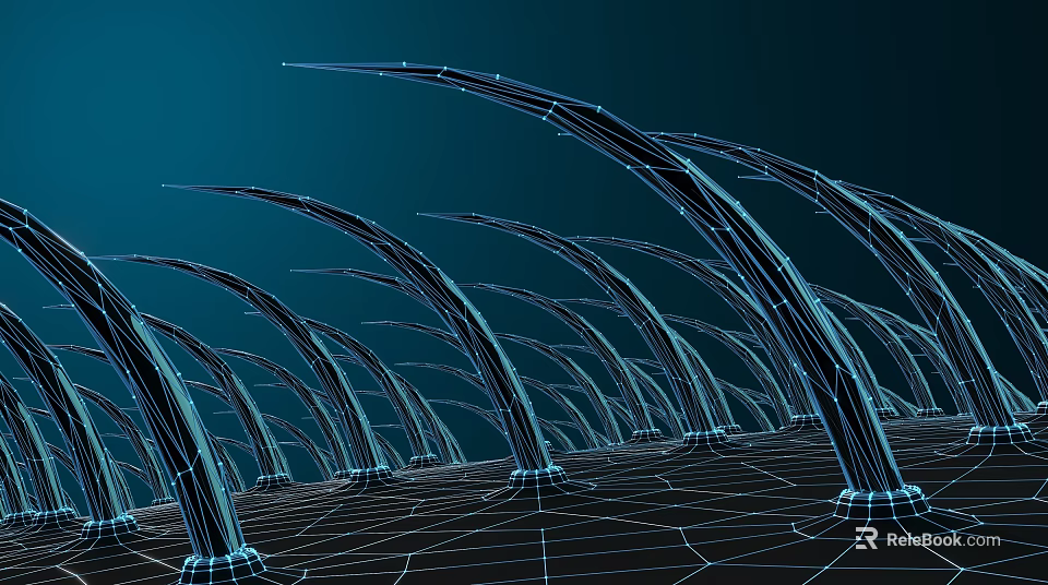 Game Movie Character Futuristic Spiked Structures With Glowing Grid Lines And Deep Blue Background 3d model 