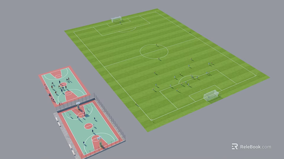 Soccer Field With Green Turf Markings Goal Posts And Adjacent Basketball Courts 3d model 