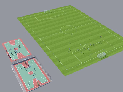 Soccer Field With Green Turf Markings Goal Posts And Adjacent Basketball Courts 3d model