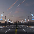 Evening Public Street Lights With Blue Star Shaped Ribbon Decorations And Urban Skyline