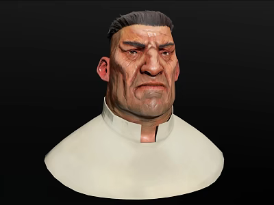 Detailed 3D Head Model of Man With Short Hair White Collar and Serious Expression 3d model