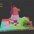 Detailed 3D Windmill Model With Stone Base Surrounding Green Plants And Path
