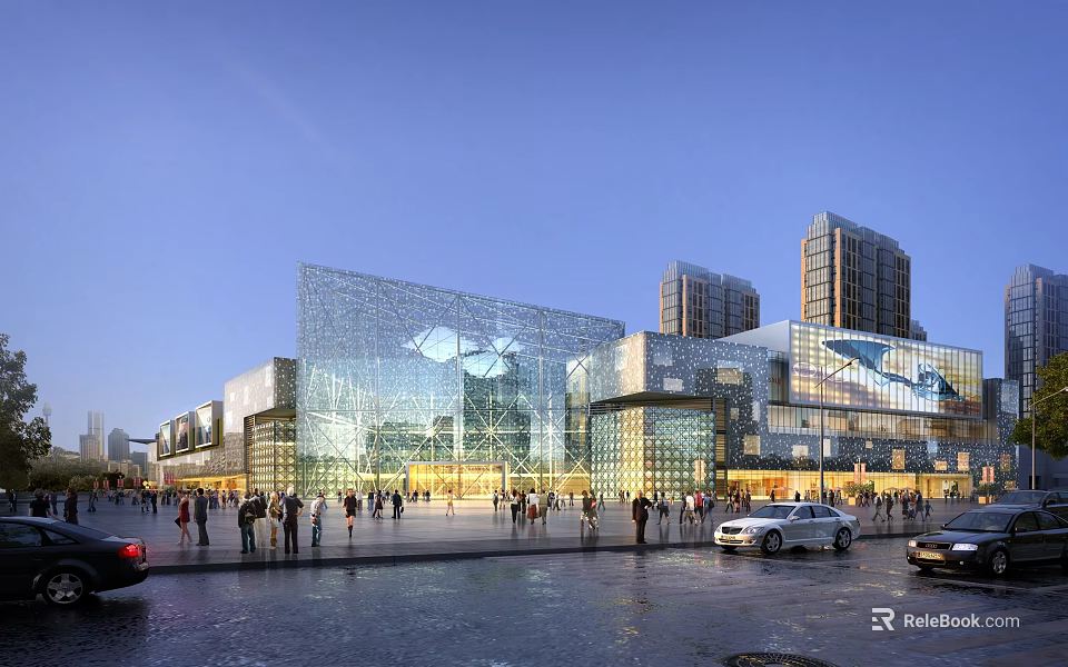 Modern Commercial Street With Glass Facade Buildings Pedestrians Vehicles And Tall Skyscrapers Under Evening Sky 3d model 